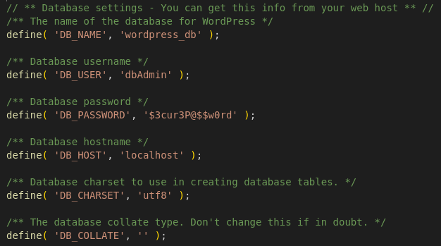 Archivo wp-config.php con las credenciales de la base de datos