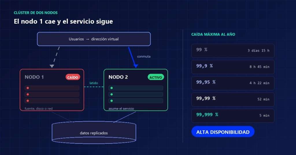 Esquema de alta disponibilidad: clúster de dos nodos en el que el nodo 1 cae y el servicio conmuta al nodo 2