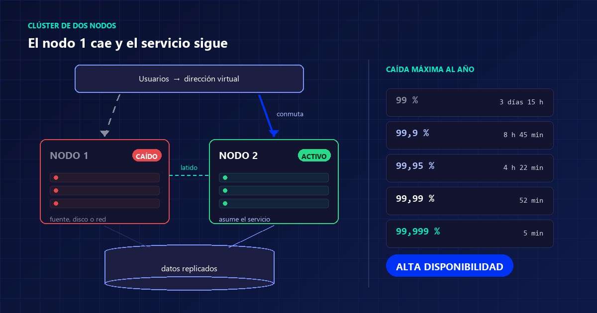 Esquema de alta disponibilidad: clúster de dos nodos en el que el nodo 1 cae y el servicio conmuta al nodo 2