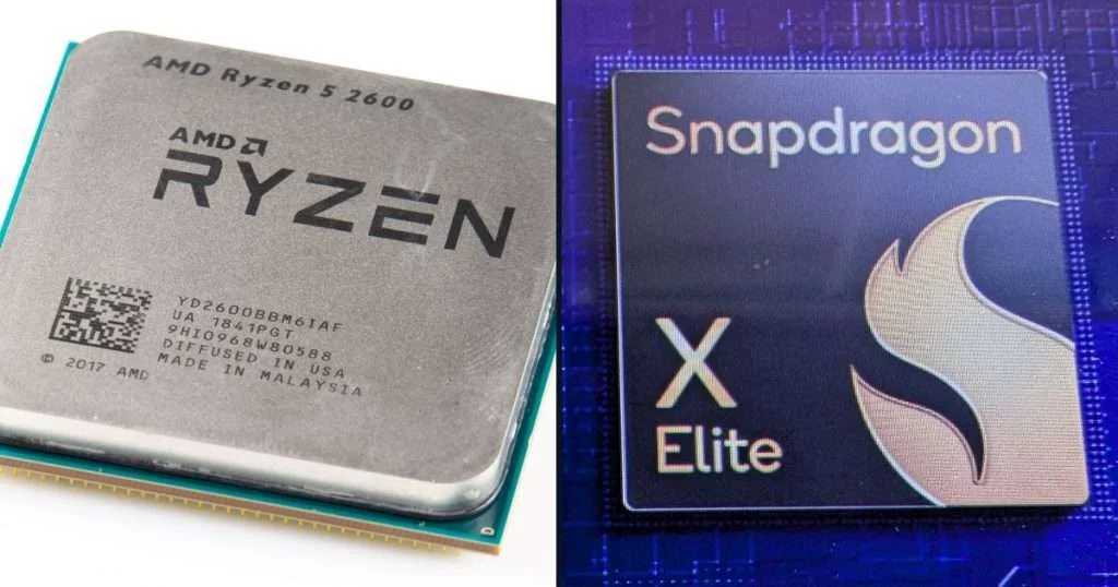 AMD64 vs ARM64: procesador AMD Ryzen de arquitectura x86 junto a un procesador Snapdragon X Elite de arquitectura ARM