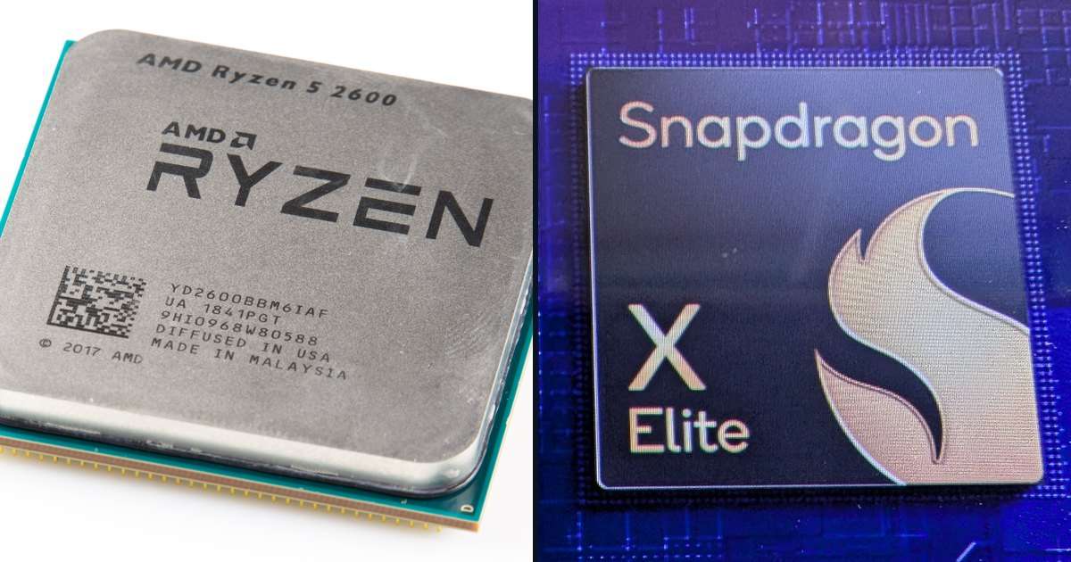 AMD64 vs ARM64: procesador AMD Ryzen de arquitectura x86 junto a un procesador Snapdragon X Elite de arquitectura ARM