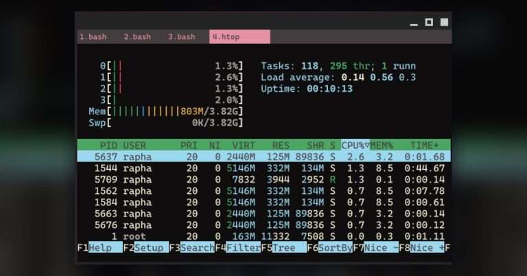 Terminal de Linux mostrando htop, uno de los comandos básicos de Linux para ver procesos y memoria