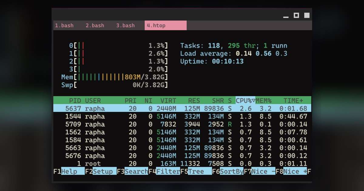 Terminal de Linux mostrando htop, uno de los comandos básicos de Linux para ver procesos y memoria