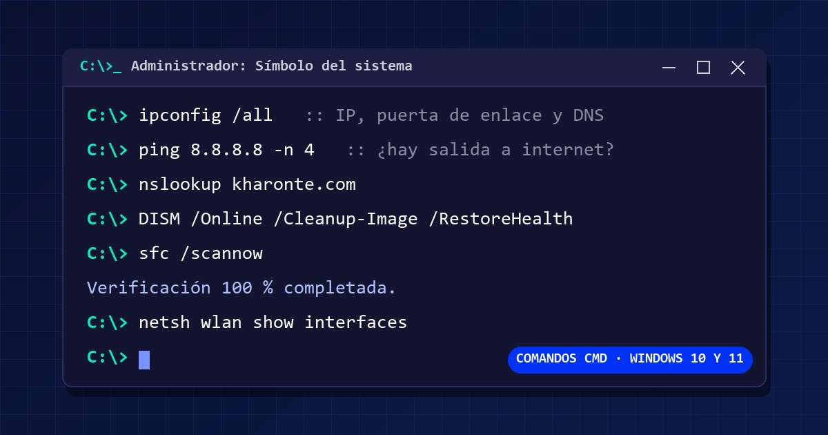 Comandos CMD en una ventana del símbolo del sistema de Windows: ipconfig, ping, DISM y sfc /scannow