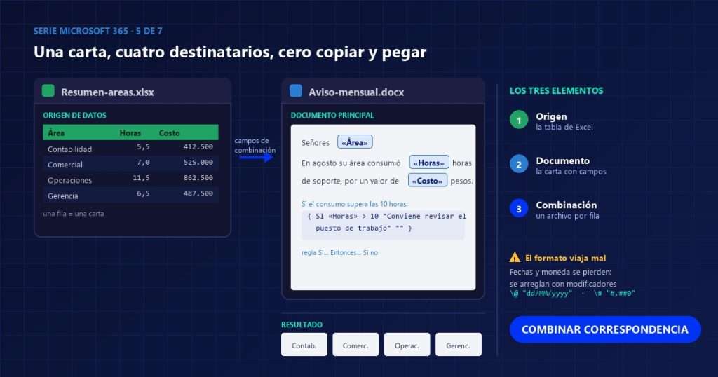 Esquema de combinar correspondencia con la tabla de Excel como origen de datos, la carta de Word con los campos de combinación y las cuatro cartas resultantes