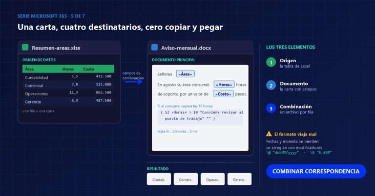 Esquema de combinar correspondencia con la tabla de Excel como origen de datos, la carta de Word con los campos de combinación y las cuatro cartas resultantes