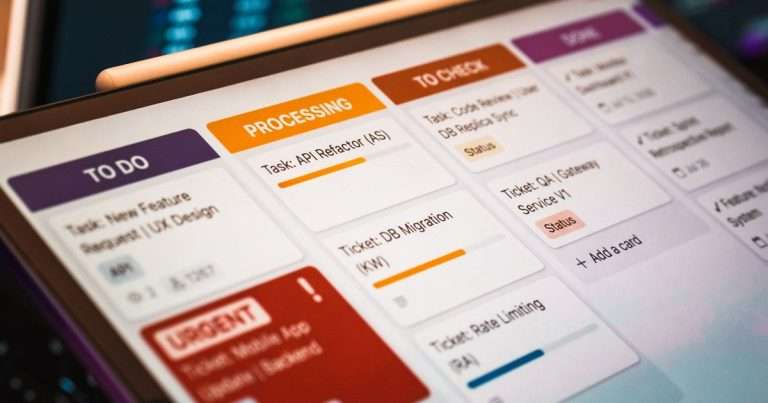 Tablero de tickets en una tableta, con columnas por estado y un ticket urgente en rojo: así ordena ITIL la gestión de servicios de TI en una mesa de servicio