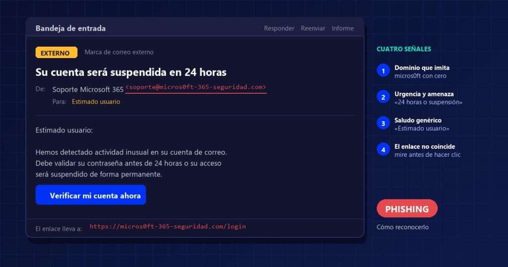 Phishing: correo fraudulento en pantalla que suplanta al soporte de Microsoft 365, con el dominio micros0ft escrito con cero, la amenaza de suspensión en 24 horas, el saludo genérico «Estimado usuario» y el enlace cuyo destino real no coincide