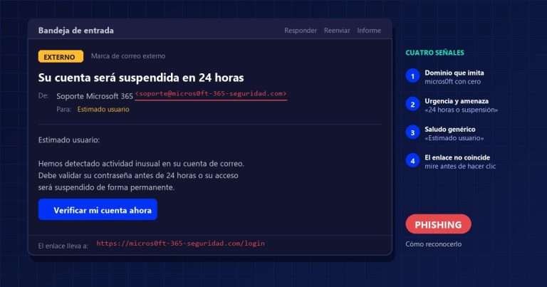 Phishing: correo fraudulento en pantalla que suplanta al soporte de Microsoft 365, con el dominio micros0ft escrito con cero, la amenaza de suspensión en 24 horas, el saludo genérico «Estimado usuario» y el enlace cuyo destino real no coincide