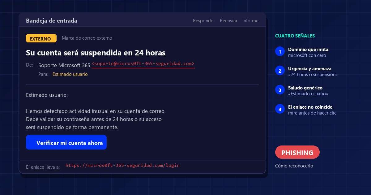 Phishing: correo fraudulento en pantalla que suplanta al soporte de Microsoft 365, con el dominio micros0ft escrito con cero, la amenaza de suspensión en 24 horas, el saludo genérico «Estimado usuario» y el enlace cuyo destino real no coincide