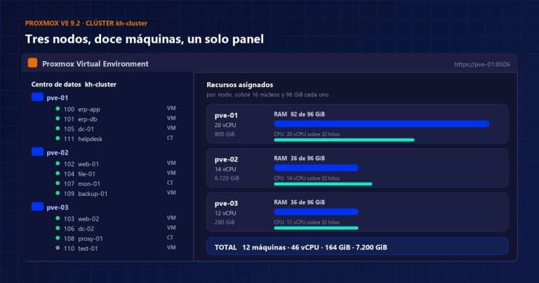 Panel de Proxmox con el clúster de tres nodos, las doce máquinas virtuales y el reparto de vCPU, memoria y disco por nodo