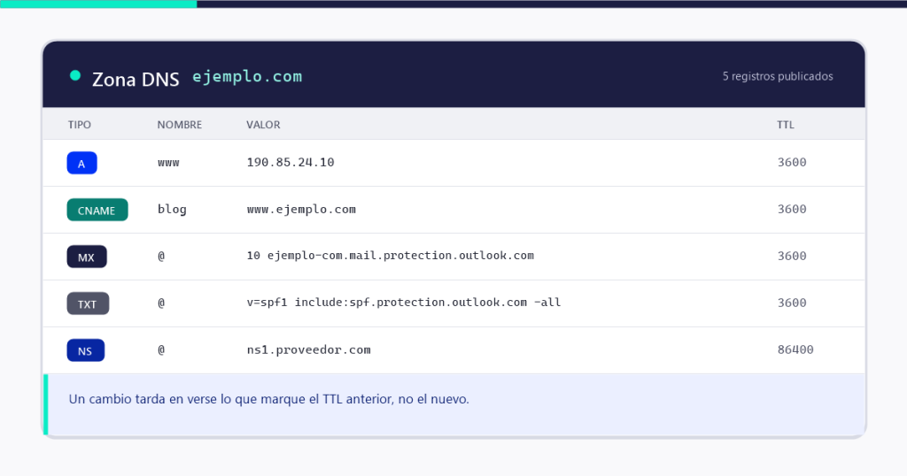 Panel de una zona DNS con los registros A, CNAME, MX, TXT y NS de un servidor DNS