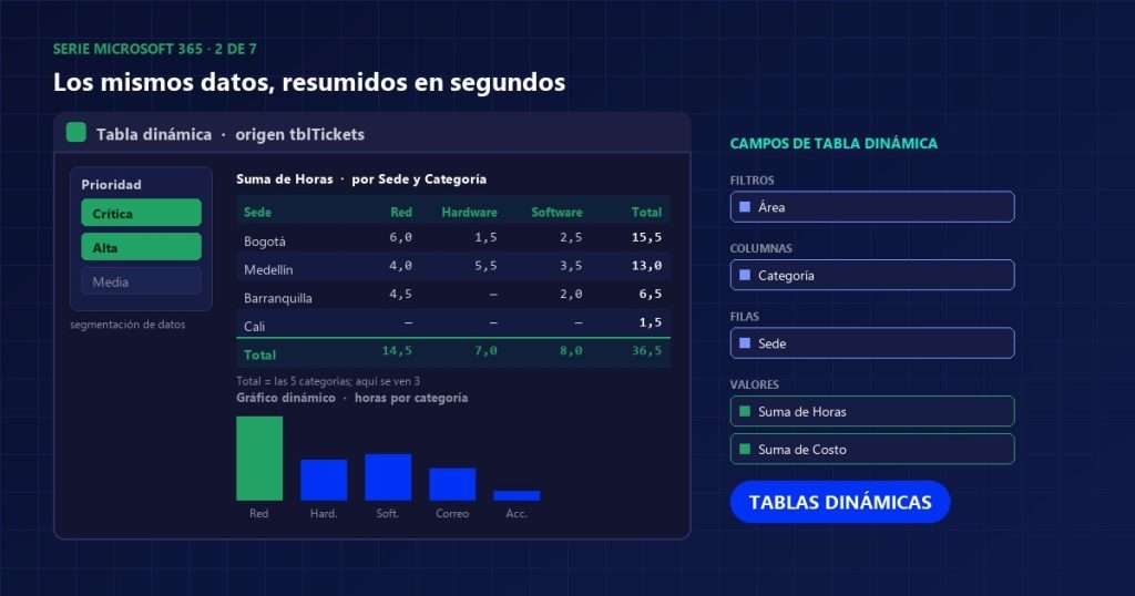 Tabla dinámica de Excel que resume horas por sede y categoría, con segmentación de datos, gráfico dinámico y el panel de campos