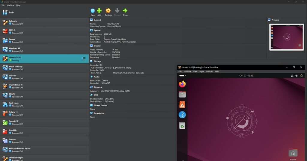 Administrador de VirtualBox con equipos de Windows y Linux y una máquina virtual de Ubuntu en ejecución en su ventana