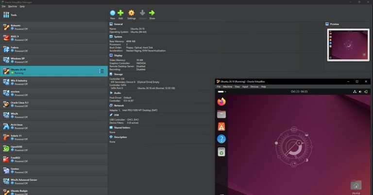 Administrador de VirtualBox con equipos de Windows y Linux y una máquina virtual de Ubuntu en ejecución en su ventana