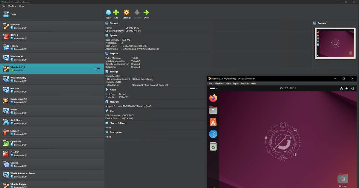 Administrador de VirtualBox con equipos de Windows y Linux y una máquina virtual de Ubuntu en ejecución en su ventana