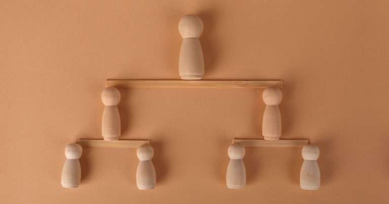 Active Directory PowerShell administra un directorio ordenado como este árbol: siete figuras de madera en tres niveles, una arriba, dos en medio y cuatro abajo, unidas por listones