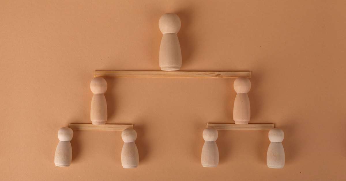 Active Directory PowerShell administra un directorio ordenado como este árbol: siete figuras de madera en tres niveles, una arriba, dos en medio y cuatro abajo, unidas por listones