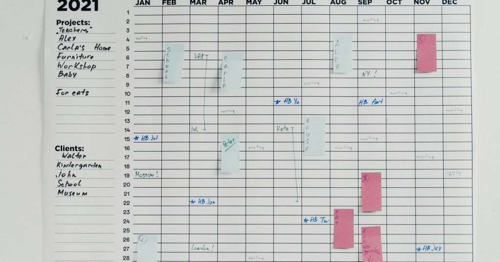 Compartir calendario en Outlook: planificador anual de pared con proyectos, clientes y notas adhesivas repartidas por los meses