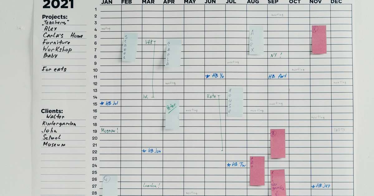 Compartir calendario en Outlook: planificador anual de pared con proyectos, clientes y notas adhesivas repartidas por los meses